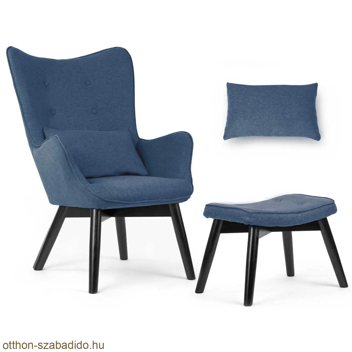 SOFOTEL skandináv stílusú szárnyas szék lábtartóval, kék