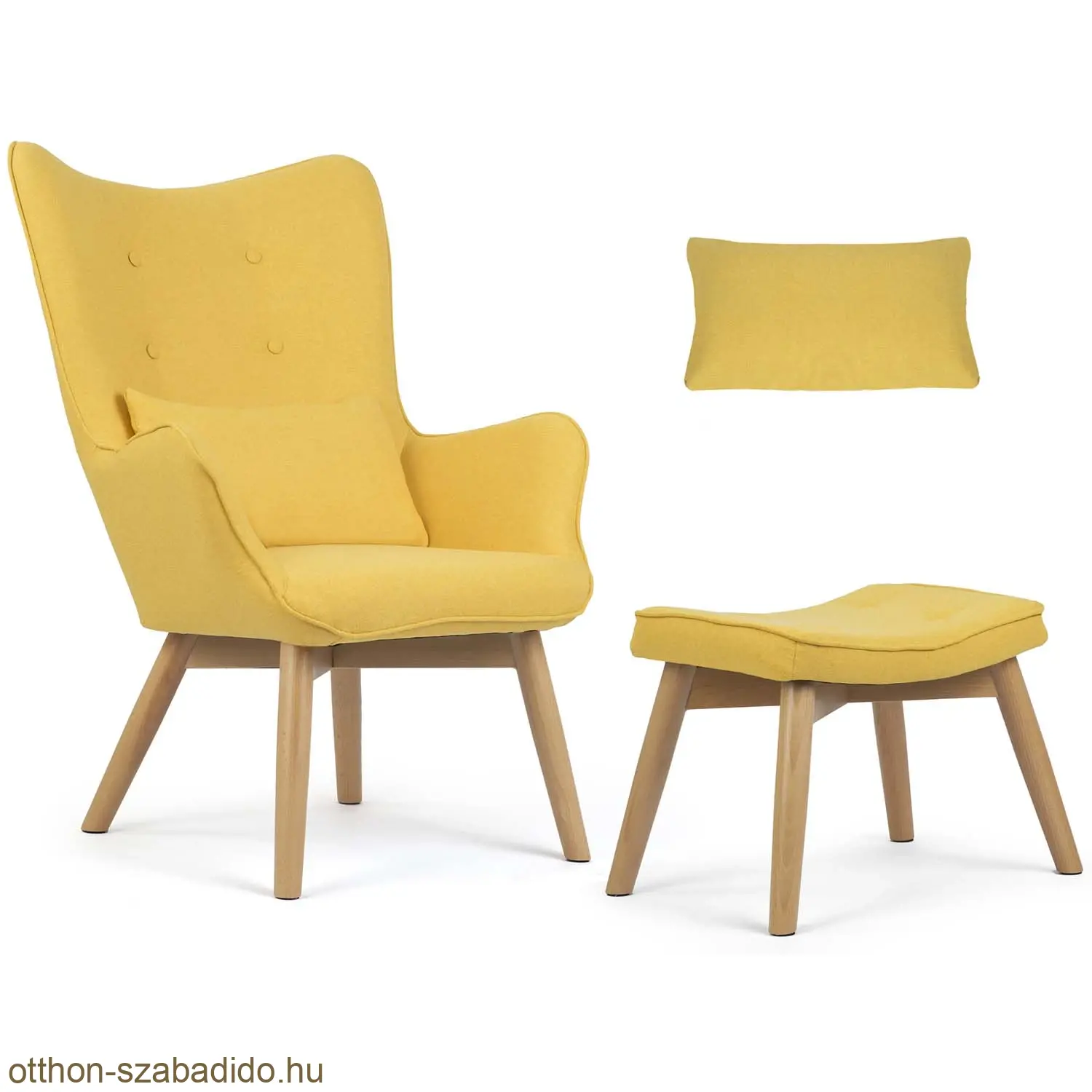 SOFOTEL skandináv stílusú szárnyas szék lábtartóval, sárga